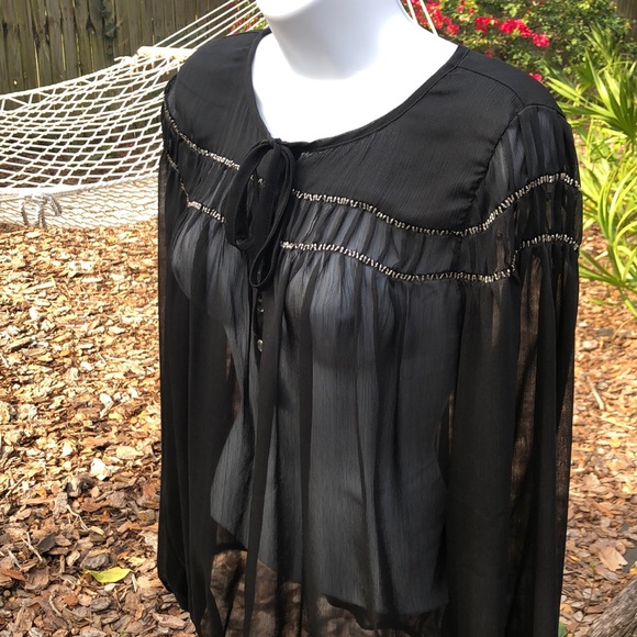 🐴ROCK&ROLL COWGIRL sheer black top, silver beads - Picture 2 of 6